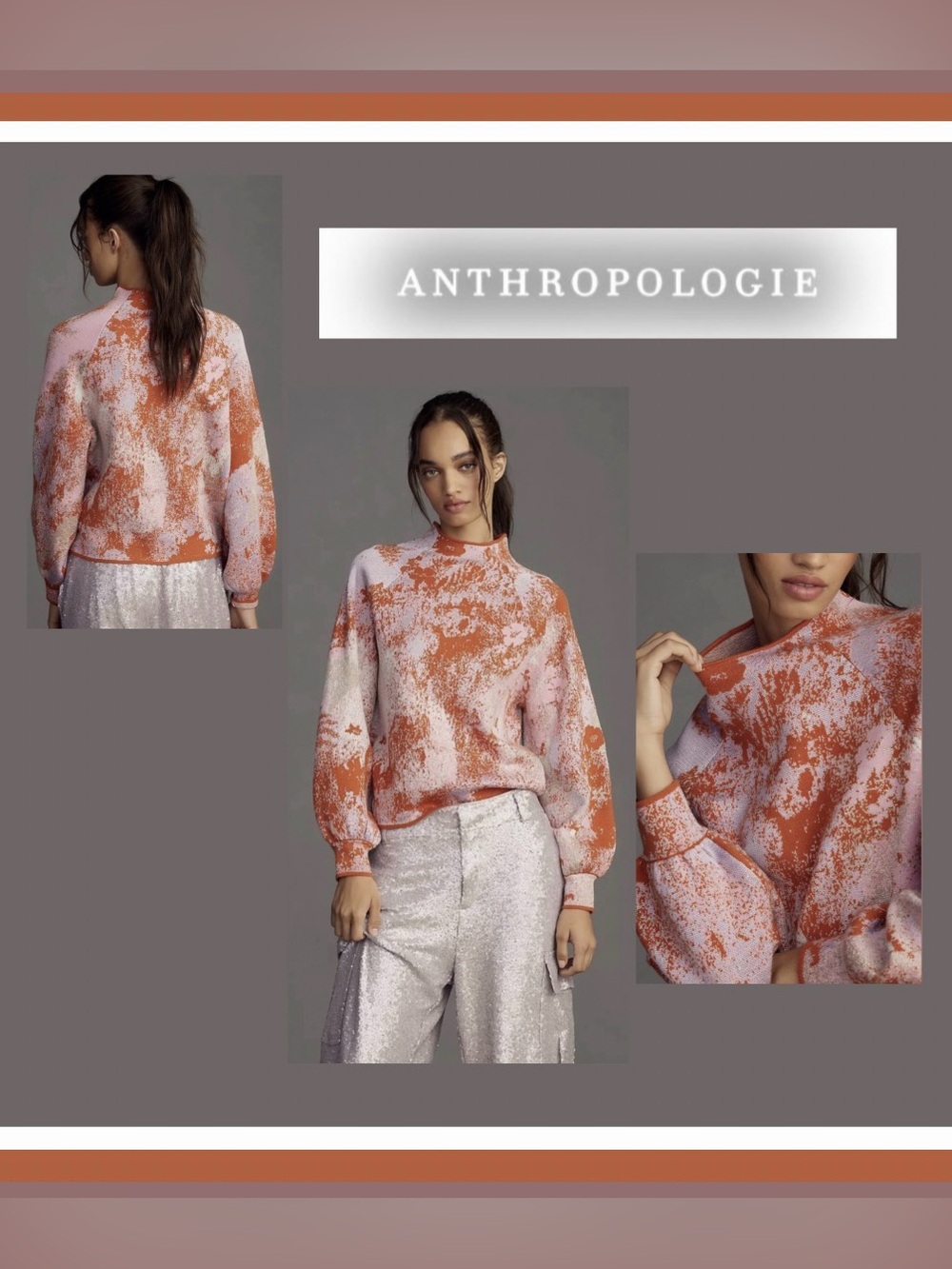 Anthropologie Women's Pink & Orange Printed Pullover Sweater